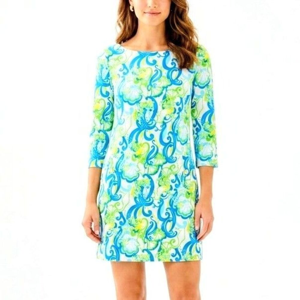 LILLY PULITZER Dress Charlene Blue/Green & Gold Buttons with Pockets Women Large